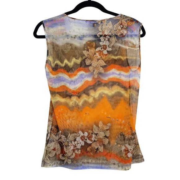 Blue Les Copains Women's Floral Orange Brown Sheer Sleeveless Tank Top S 44 US 8 - Picture 2 of 11